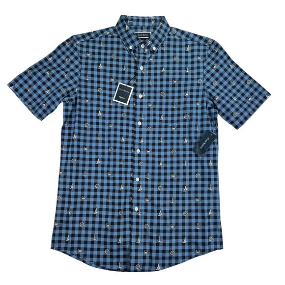 Club Room Mens Peter Classic Fit Maritime Check Poplin Button Down Shirt Blue S - Picture 1 of 4